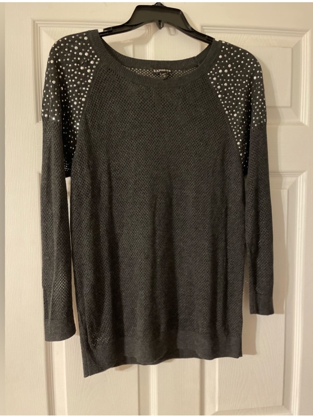Express Charcoal Mesh Sweater with Studded Shoulders